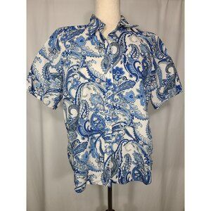 Chaps Womens Short Sleeves Top Blouse White Blue Size L A129 100% Cotton